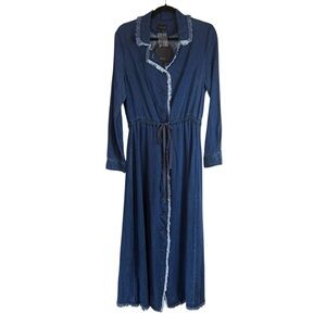 Metallic Blue Denim Maxi Dress Fringe Edging Full Front Button Down Tie Waist